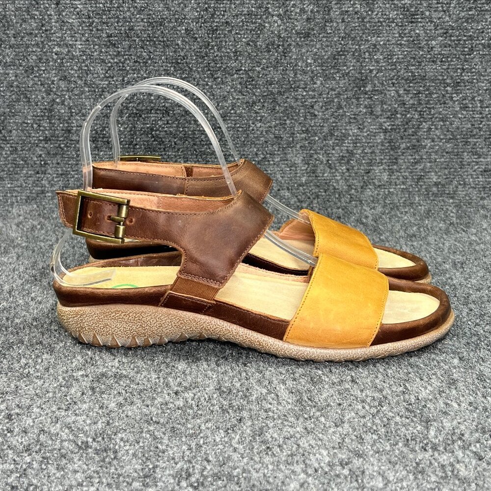 NAOT Sandals‎ Women's Size 7 Brown Yellow Leather Strap Buckle Comfort Hook Loop